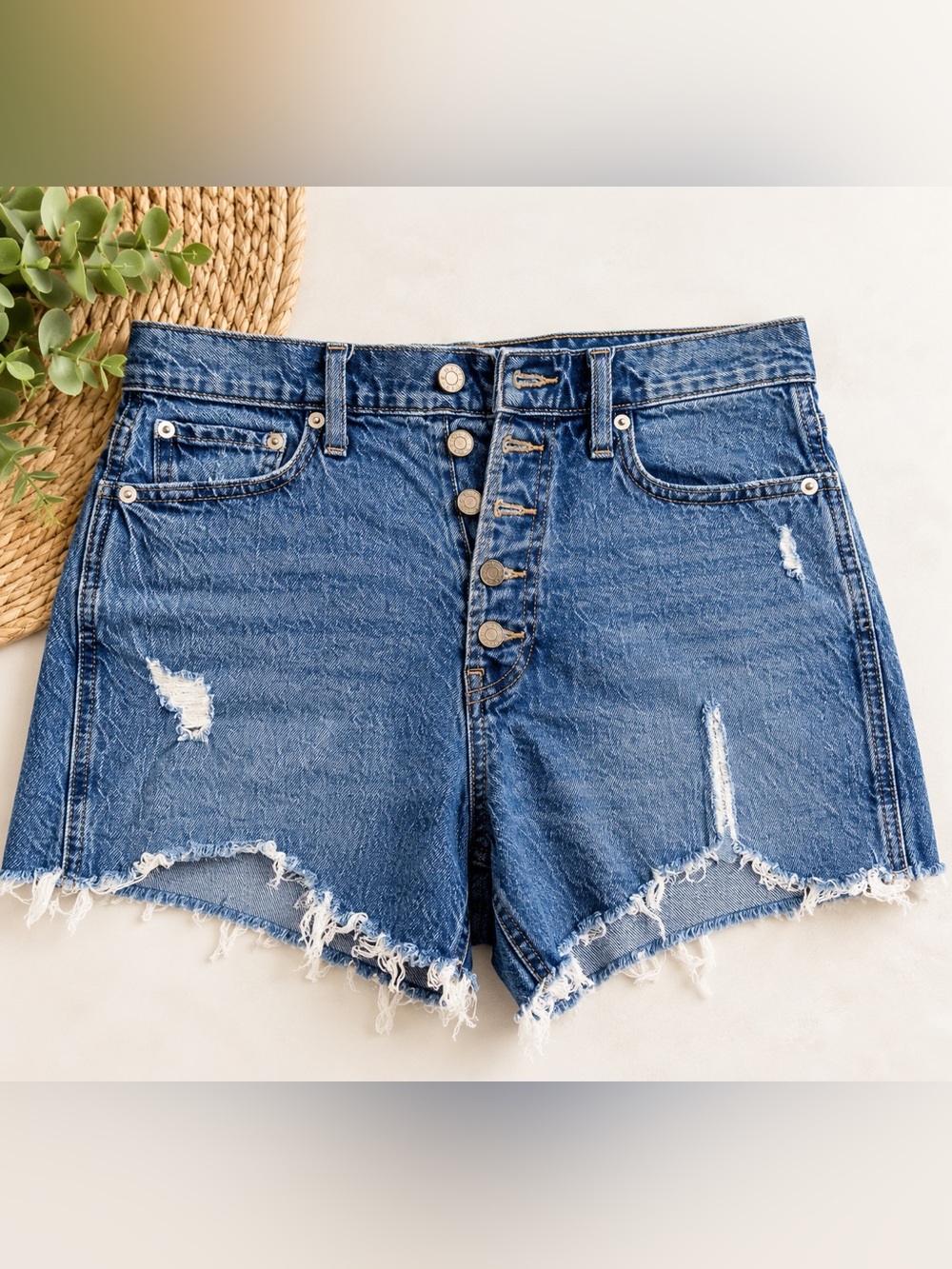 GAP High Rise Cheeky Denim Shorts 8/29 Button Fly Distressed Cutoff